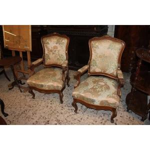  Pair Of French Armchairs From The Second Half Of The 1800s, Louis XV Style, In Cherry Wood