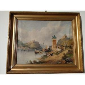  Oil On English Cardboard Depicting An Italian Landscape With A Foreground Lake, Boats