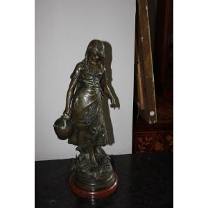 French Sculpture From The Second Half Of The 19th Century In Antimony. Depicting A Young Girl