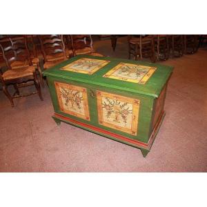 Large Italian Tyrolean Chest From The Mid-1800s In Green Lacquered Wood