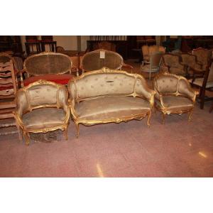 Salon Français De Style Louis XV En Bois Doré Moitié Du XIXe Siècle 2 Fauteuils Et 1 Canapé