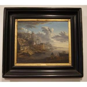 Huile Sur Panneau Français d'Une Vue Marine Des Années 1800