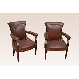 Group Of 3 French Armchairs From The Mid-1800s, Empire Style, In Mahogany Wood