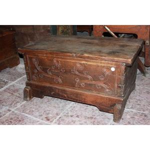 French Chest From The Early 1800s, Rustic Style, Intricately Carved Walnut Wood