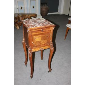 French Bedside Table In Louis Philippe Style With Carvings And Marble Top