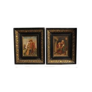 Pair Of Small French Oil Paintings On Panels From The 1800s Depicting Everyday Life Scenes