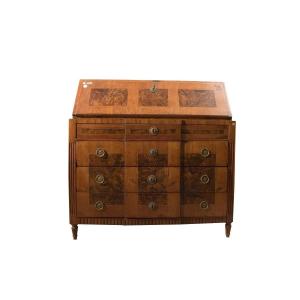 Chest Of Drawers In Elm And Elm Burl With 3 Drawers And Flap. Inside The Flap Open Compartments