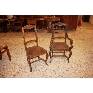 Set Of 8 French Chairs In Provençal Style With Embossed Leather Seats