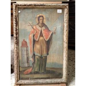 Icon Representing Santa Barbara. Depicted Holding A Crucifix With An Olive Branch In One Hand 