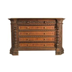 Antique Italian Chest Of Drawers From The 1500s In Richly Carved Walnut