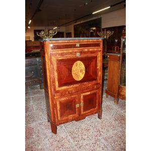 Louis XVI Style Secretaire From The 18th Century Richly Inlaid In Various Polychrome Woods