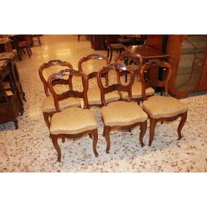 Set Of 6 French Louis Philippe Chairs In Flamed Walnut Wood