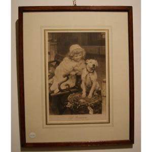 Antique English Engraving From 1800 Depicting A Little Girl With A Dog