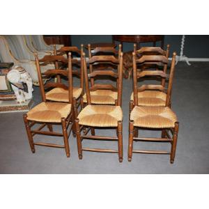 Set Of 6 Provençal Chairs In Walnut With Woven Straw Seats