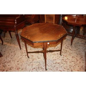 Victorian-style Octagonal Table In Inlaid Rosewood From The 1800s