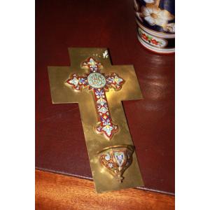 Crucifix En Métal Cloisonné Avec Bénitier 1900