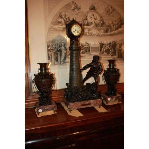 Large French Triptych Clock With 2 Vases, Nautical Theme With Lighthouse And Sailor