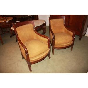 Pair Of Large Armchairs In Directory Style, Mahogany Wood, 19th Century