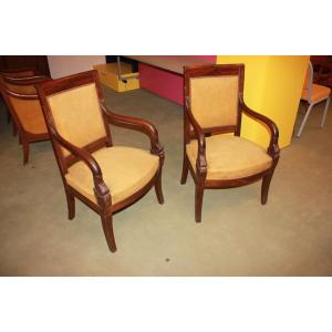 Pair Of Directoire Style Armchairs In Mahogany Wood, France 19th Century