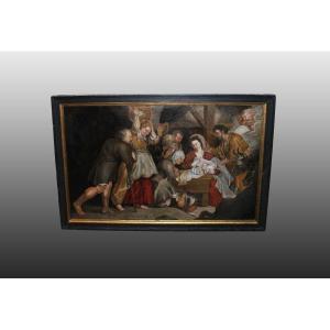 Huile Sur Toile Du 1700 Représentant l'Adoration De l'Enfant Jésus école Flamande 