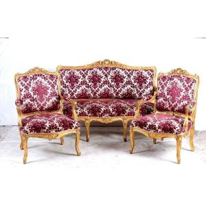 3-piece French Living Room From The Mid-1800s, Louis XV Style In Gilded And Carved Wood