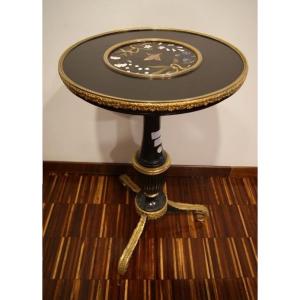 Circular-shaped French Coffee Table, In Ebonized Wood, With Semi-precious Semi-precious Stone 