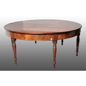 Circular Table In Mahogany And Mahogany Feather With Six Legs, Very Extendable Diameter When Cl