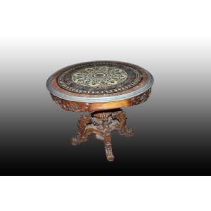 Stunning French Circular Table From The Mid-19th Century, Louis-philippe Style, With A Scagliol