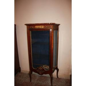 French Display Cabinet In Louis XV Style With Bronze Ornaments And Marble Top, Made Of Mahogany