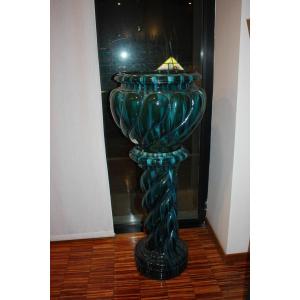 Large French Cachepot Plant Holder In Glazed Blue Ceramic