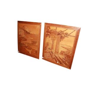 Pair Of Inlaid Wooden Panels Depicting Coastal Landscapes