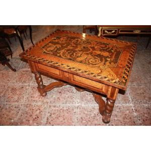 Italian Salon Writing Table From Early 1800s | Richly Inlaid With Polychrome Woods