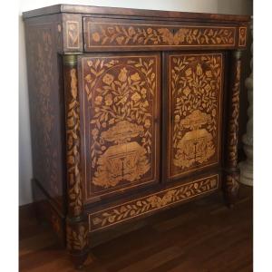 Dutch Sideboard With Two Doors And Undertop Drawer In Mahogany, Richly Inlaid On Each Side