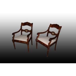 Group Of 4 Beautiful North European Armchairs From The Mid-1800s, Biedermeier Style, Made Of Ma