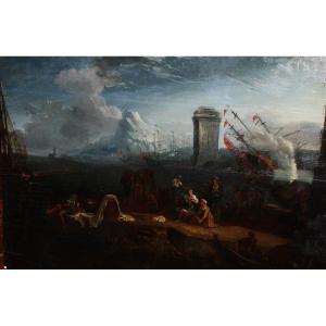 Oil On Flemish Van Der Cabel Panel From The Second Half Of 1600 Depicting A Sea View Of The Por