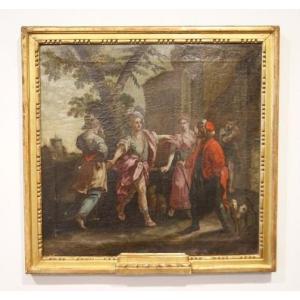 Huile Sur Toile Italienne De 1700 Représentant Des Personnages Extérieurs