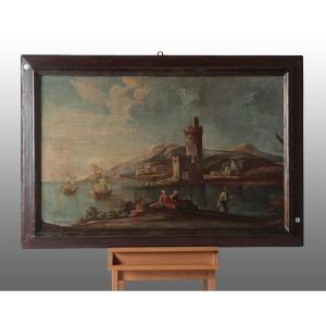 Huile sur toile italienne ancienne de 1700 représentant paysage marin