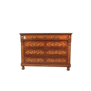 Mahogany Chest Of Drawers With 4 Drawers. Linear In Shape, It Is Richly Inlaid With Patterns Ty