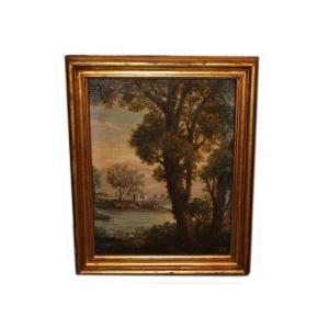 Italian Oil On Canvas From The First Half Of The 19th Century Depicting A Forest With A Sea Vie