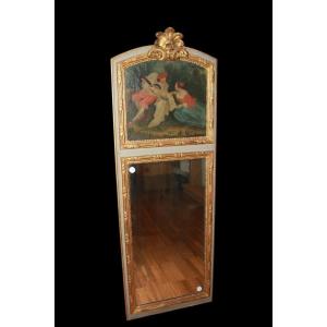 French Overmantel Mirror From The 1800s With Painting Of A Romantic Scene