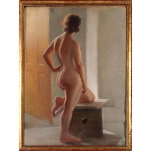 Peinture Au Pastel Antique Du 1900 Représentant Un Nu Féminin