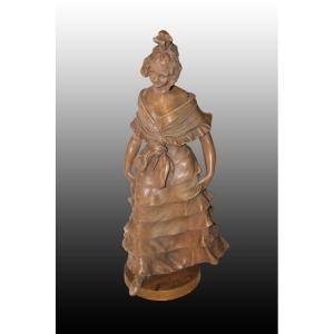 Belle Sculpture En Terre Cuite Représentant Une Dame En Vêtements élégants, Signée 1800