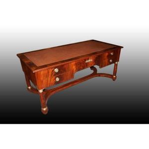 Large Majestic French Diplomatic Desk From The Second Half Of The 1800s, Empire Style, In Mahog