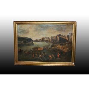 Large Italian Oil On Canvas From The Second Half Of The 18th Century Depicting Workers 