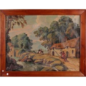 Antique French 1800s Grass Juice Painting Signed With Characters