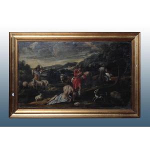 Huile Sur Toile Italienne De 1600 Paysage Bucolique Avec Animaux Et Personnages