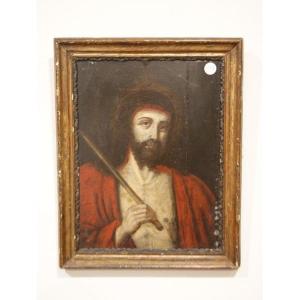 French Oil On Panel From The Second Half Of The 1600s Depicting "christ", Antique Frame.