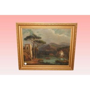 English Oil On Canvas From The Late 1800s Depicting A Countryside Landscape With River 