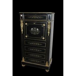 French Secretary From The Mid-1800s, Boulle Style, In Ebony Wood 