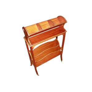 English Sheraton-style Magazine Rack – Mid-1800s, Inlaid Mahogany With Metal Casters